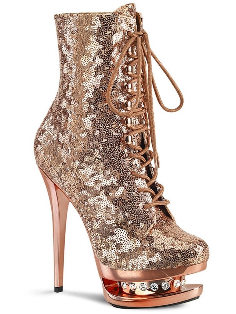 PLEASER Sequined Lace-Up Platform Ankle Boots in Rose Gold